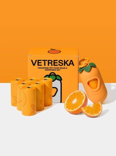 Набір біорозкладних пакетів 7 рулонів Vetreska з ароматом мандарин + диспенсер 1010 фото