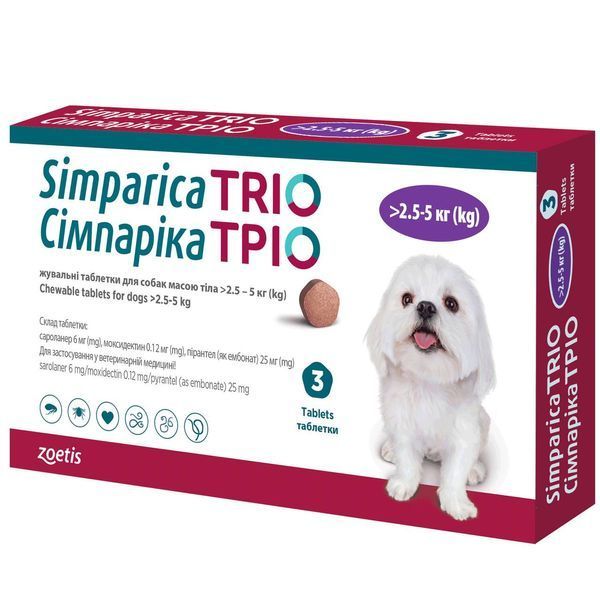Simparica TRIO (Сімпаріка Тріо) - жувальні таблетки від глистів, бліх і кліщів для собак вагою 2,6 кг - 5 кг 305 фото